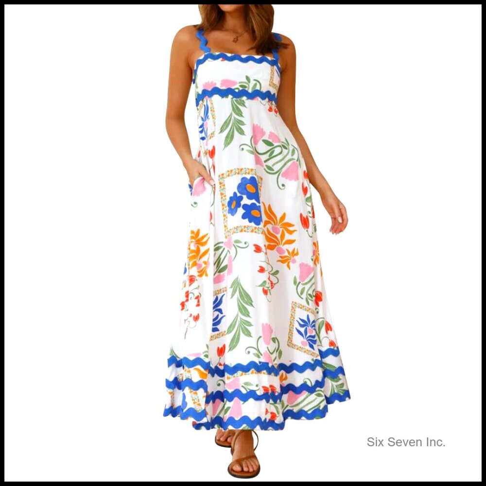 Summer Casual Maxi Dress Spaghetti Strap Smocked Back Floral Print - Picture 1 of 6